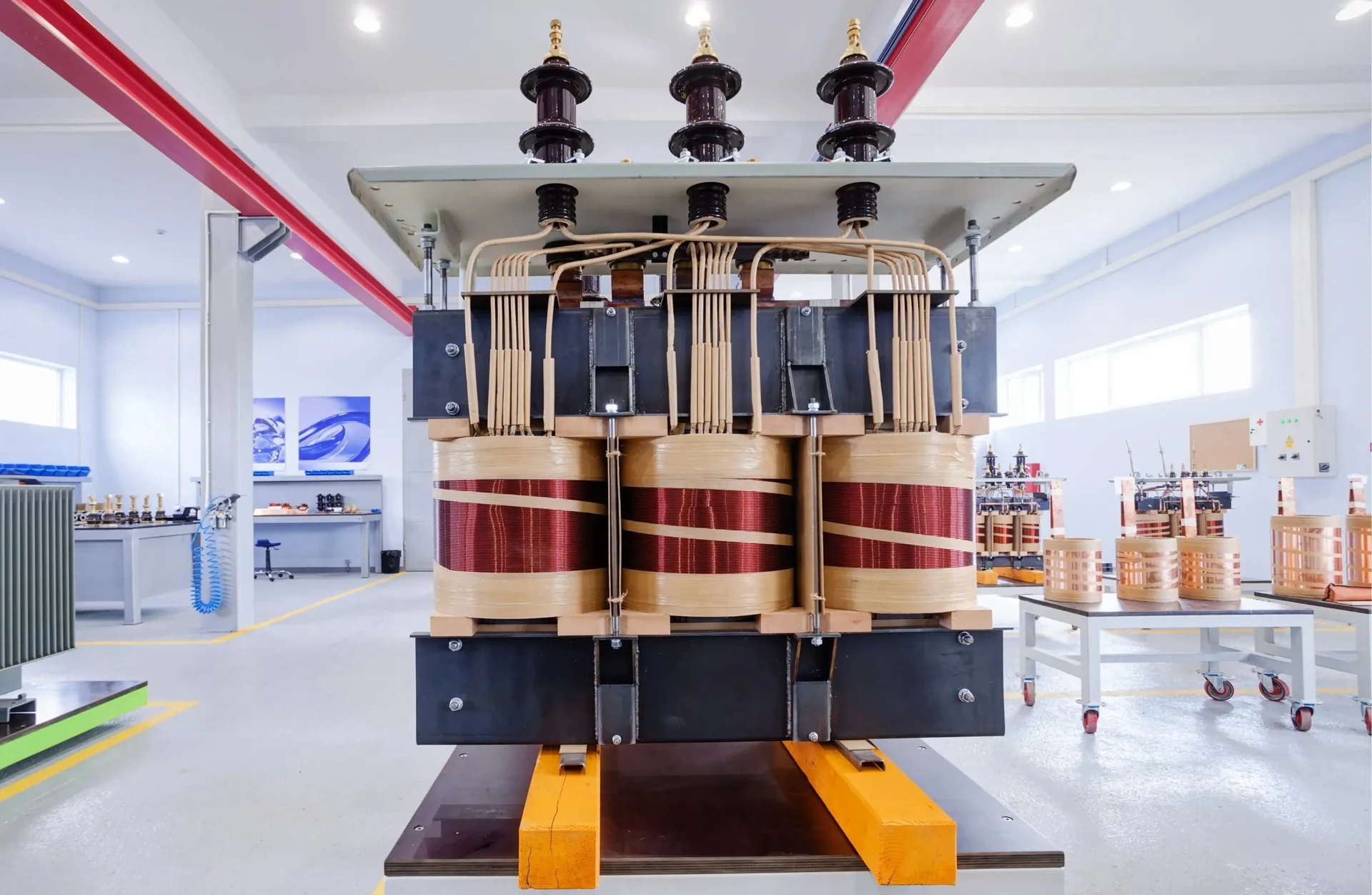 Illustrative transformer equipment in an indoor workshop
